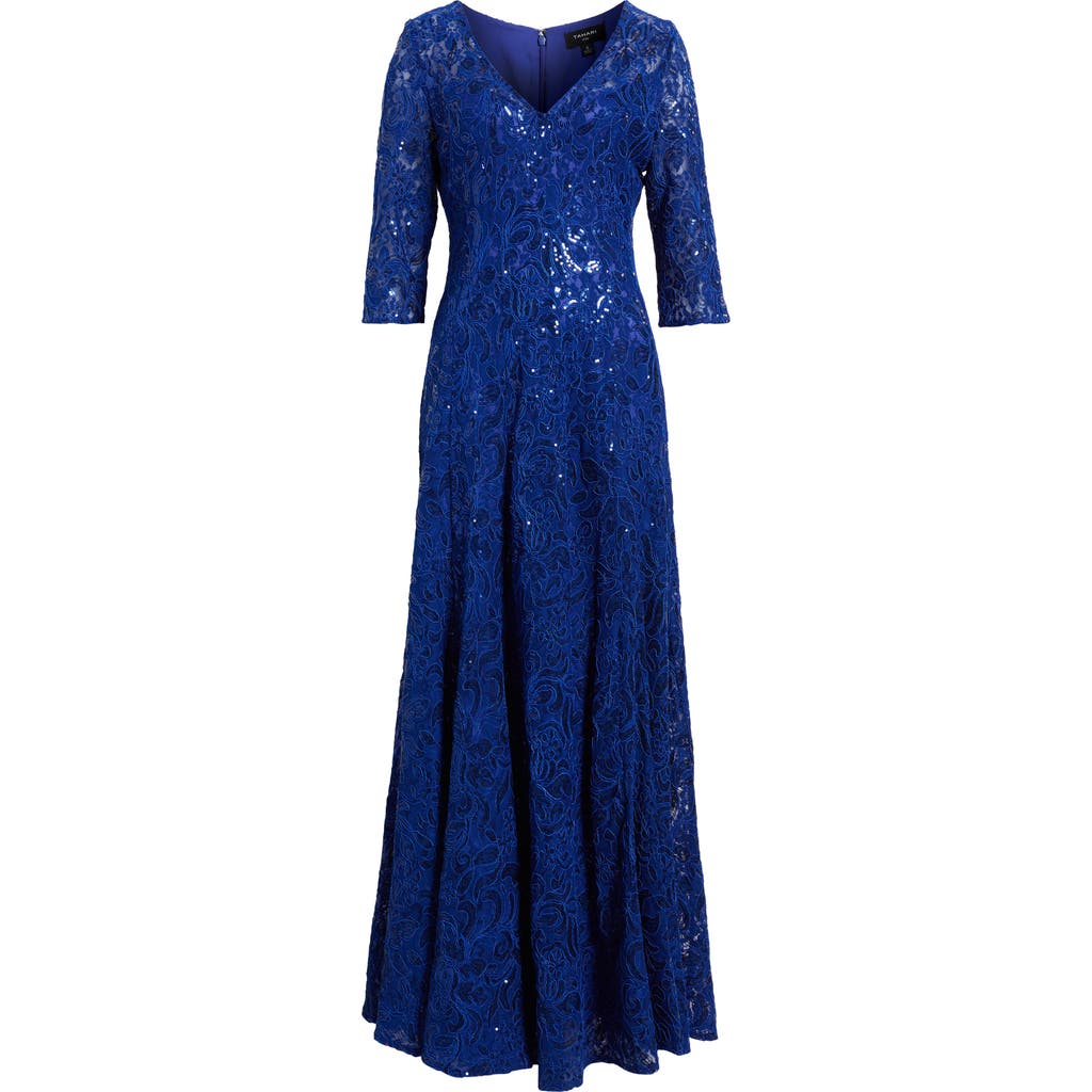 Tahari Asl Beaded Sequin Long Sleeve Gown In Deep Royal