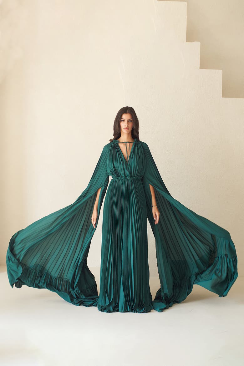 Zaria Plisse Cape Gown Emerald, Alternate, color, Emerald Hue