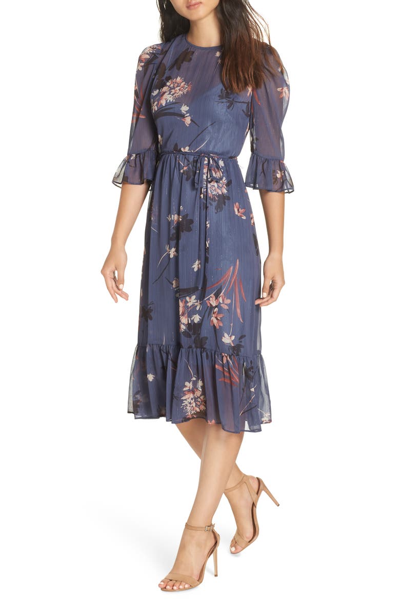 Floral Chiffon Midi Dress, Alternate, color, BLUE MULTI