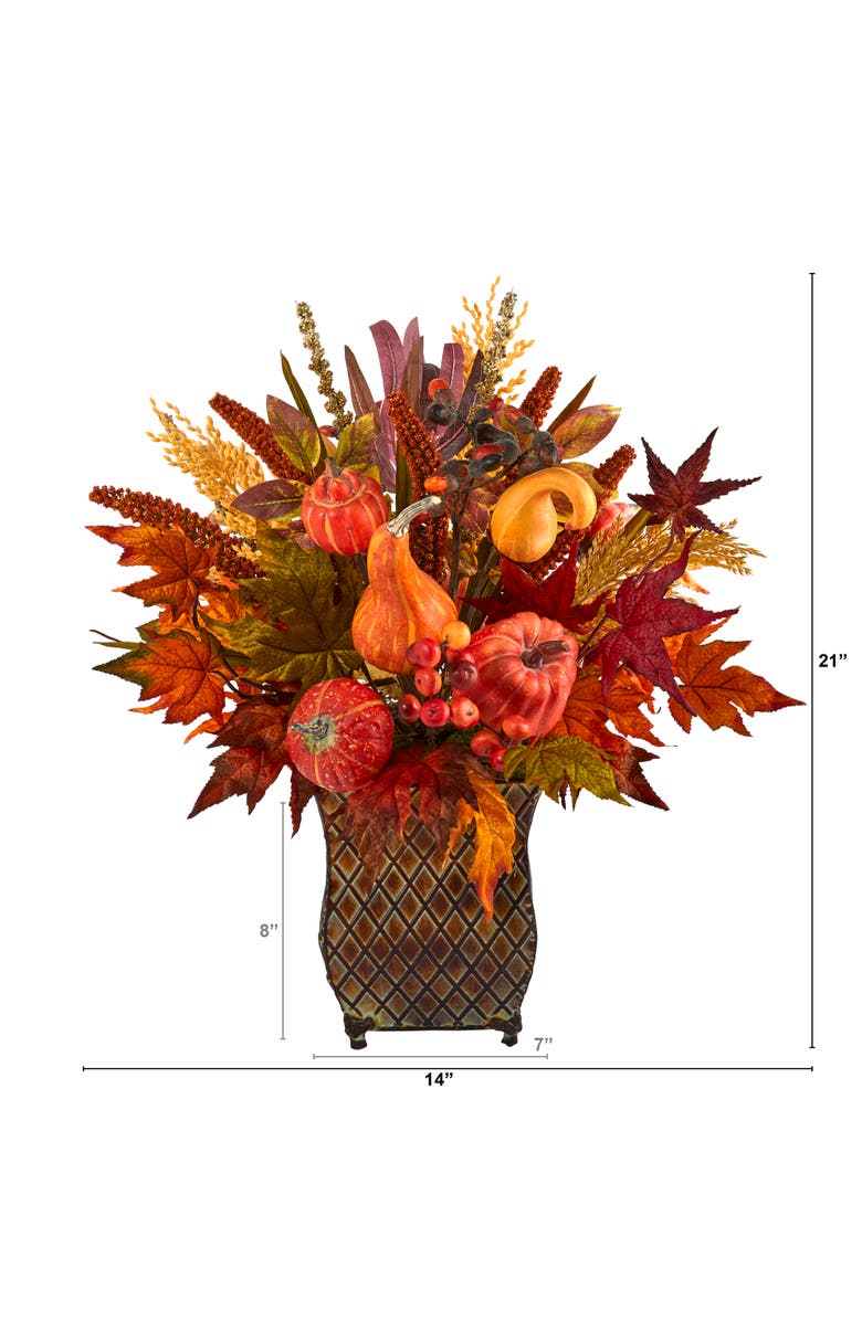 NEARLY NATURAL 21-in Pumpkin, Maple Leaf and Sorghum Harvest Artificial Arrangement in Metal Planter, Alternate, color, Orange