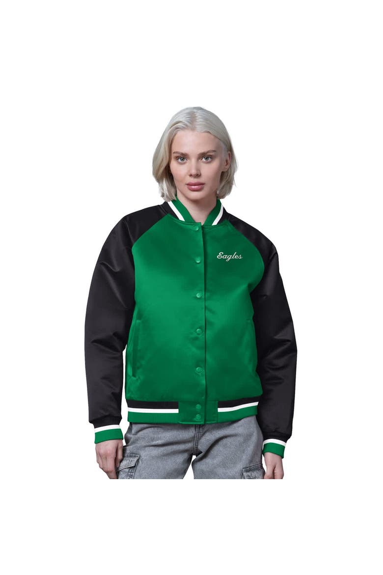 Women's Starter Kelly Green/Black Philadelphia Eagles Satin Full-Snap Vintage Varsity Jacket, Main, color, Kelly Green