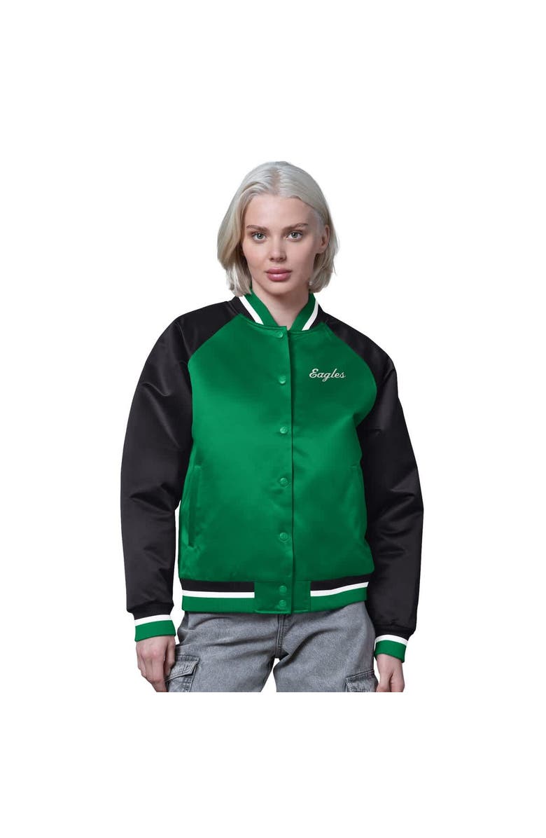 STARTER Women's Starter Kelly Green/Black Philadelphia Eagles Satin Full-Snap Vintage Varsity Jacket, Main, color, Kelly Green