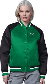 STARTER Women's Starter Kelly Green/Black Philadelphia Eagles Satin Full-Snap Vintage Varsity Jacket