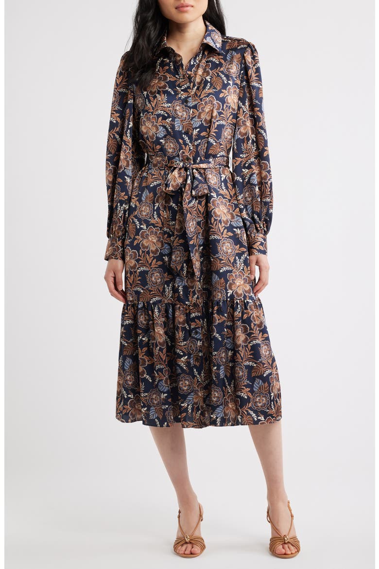 Floral Long Sleeve Midi Shirtdress, Main, color, NAVY MULTI