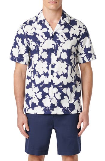Bugatchi Jackson Shaped Fit Floral Print Short Sleeve Button-up Camp Shirt In Blue