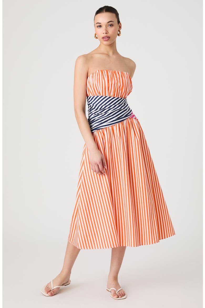 Alexis Stripe Strapless Midi Dress, Alternate, color, ORANGE-MARINE-PINK