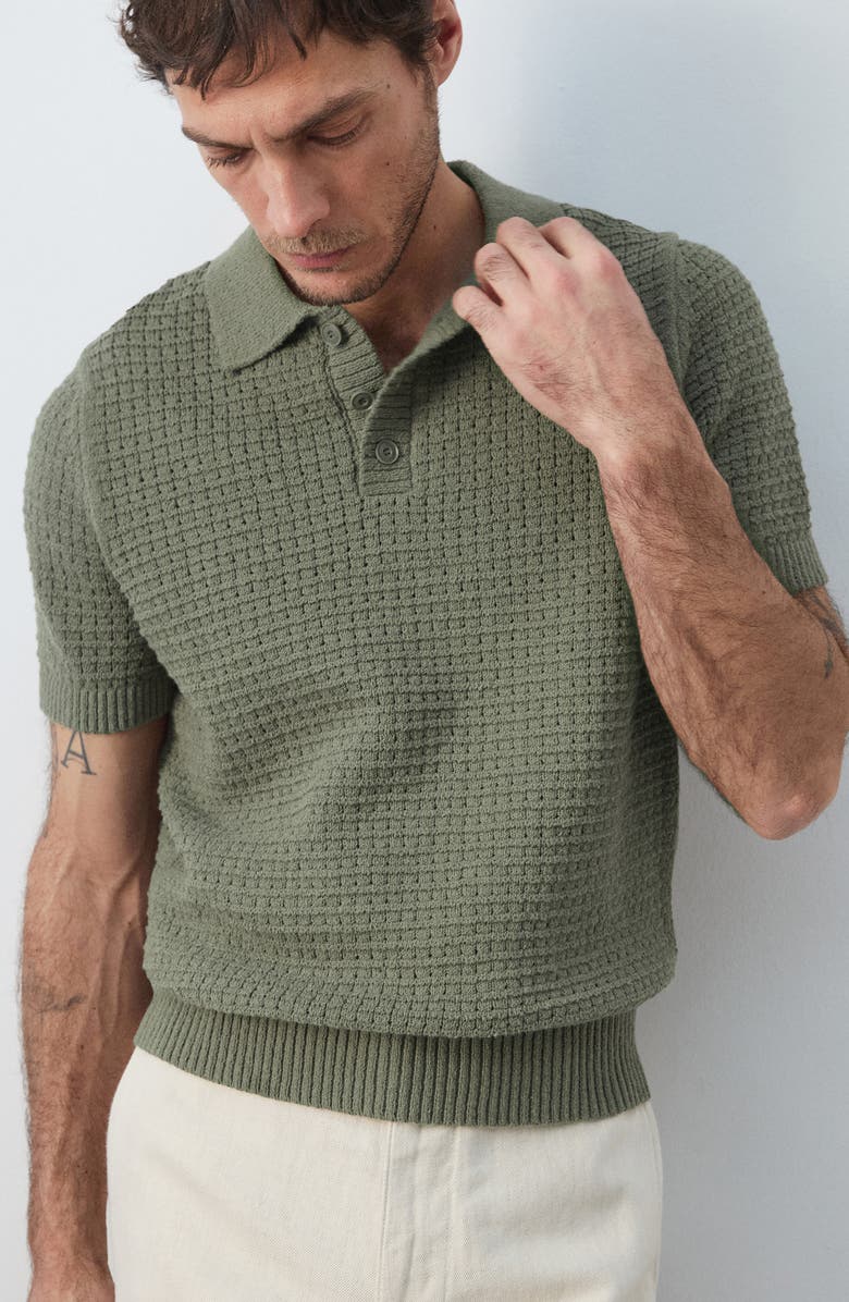 MANGO Waffle Knit Polo Sweater, Alternate, color, Forest Green