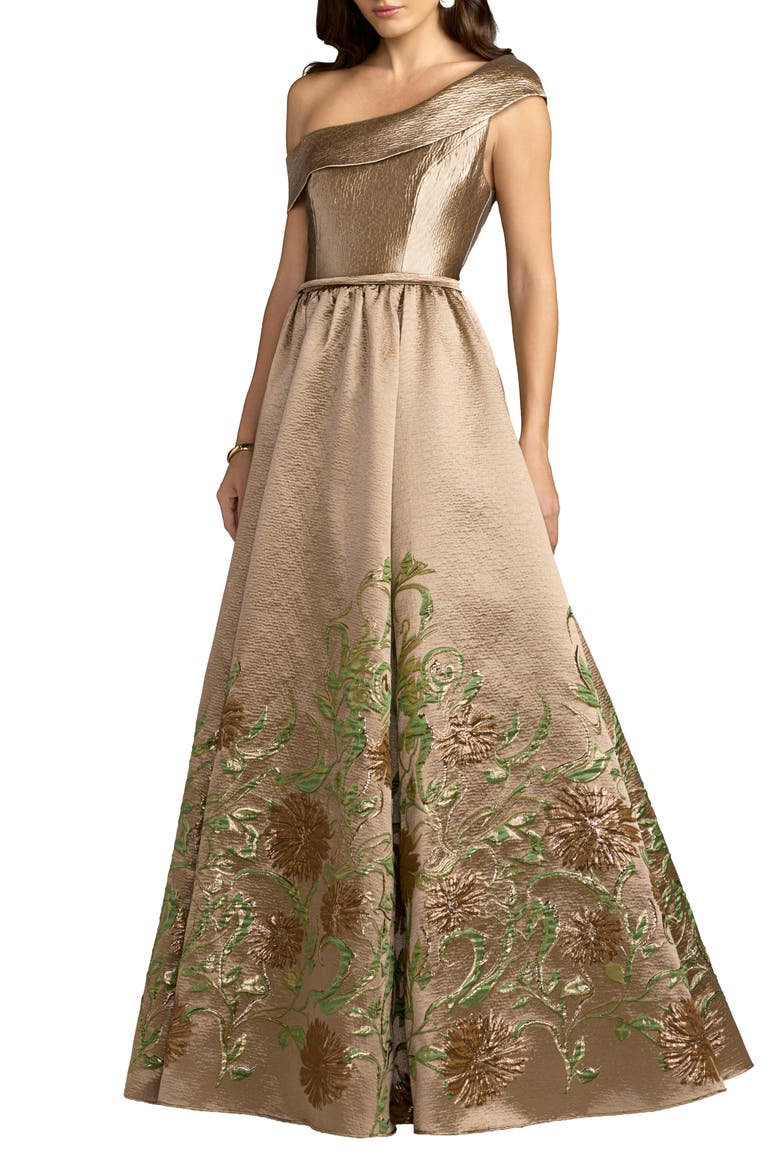 Floral Off-the-Shoulder Brocade Ball Gown, Main, color, Beige Multi