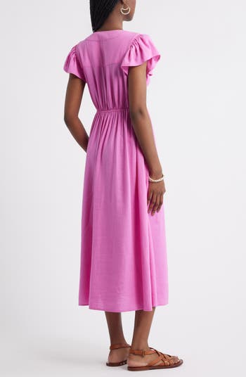 Short Sleeve Button Down Linen Blend Midi Dress