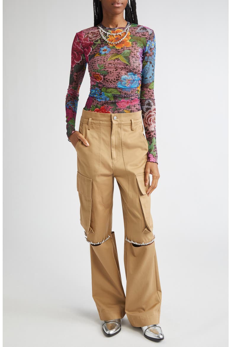 Crystal Trim Slit Cargo Pants, Alternate, color, TAN