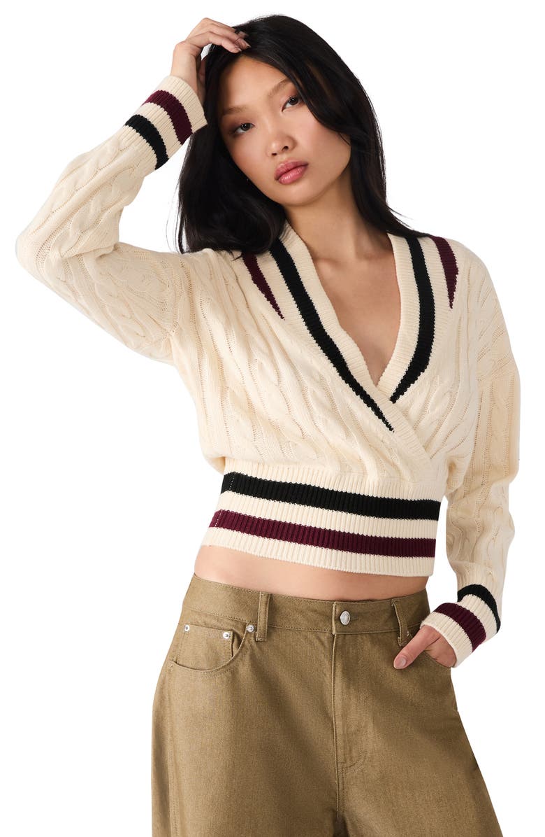 Steve Madden Addison Contast Trim Cable Knit Sweater, Alternate, color, Cream