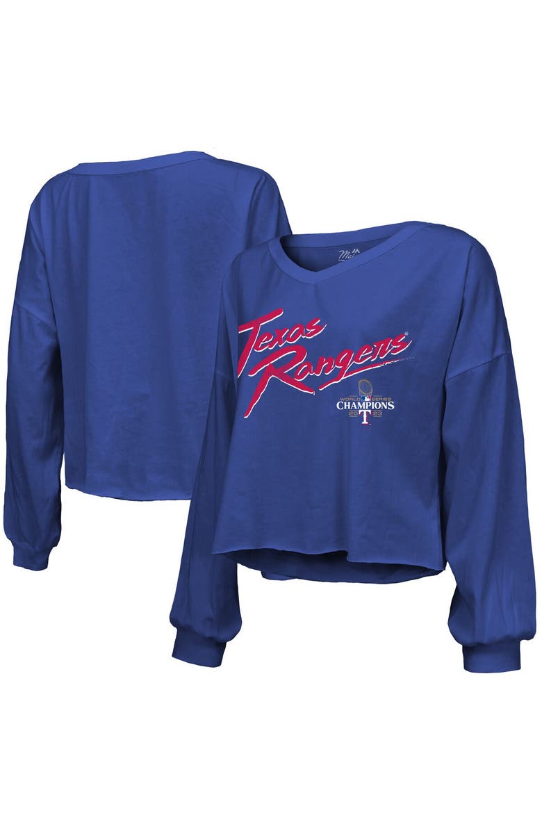 Majestic Threads Women's Majestic Threads Royal Texas Rangers 2023 World Series Champions Off-Shoulder Script Cropped Long Sleeve V-Neck T-Shirt, Alternate, color,