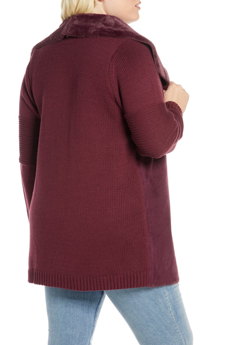 Sweater Jacket with Faux Fur Trim, Alternate, color, WINDSOR WINE