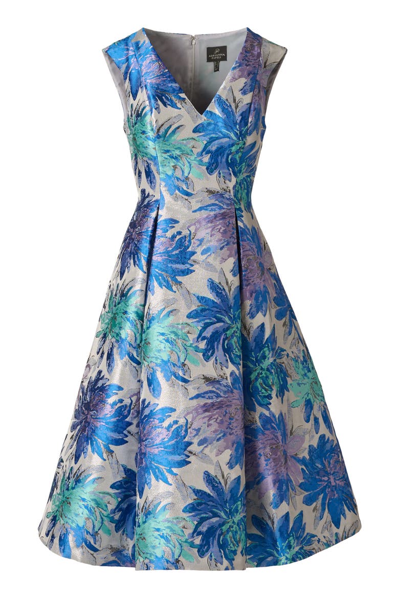 Metallic Jacquard Sleeveless Midi Dress, Alternate, color, BLUE MULTI