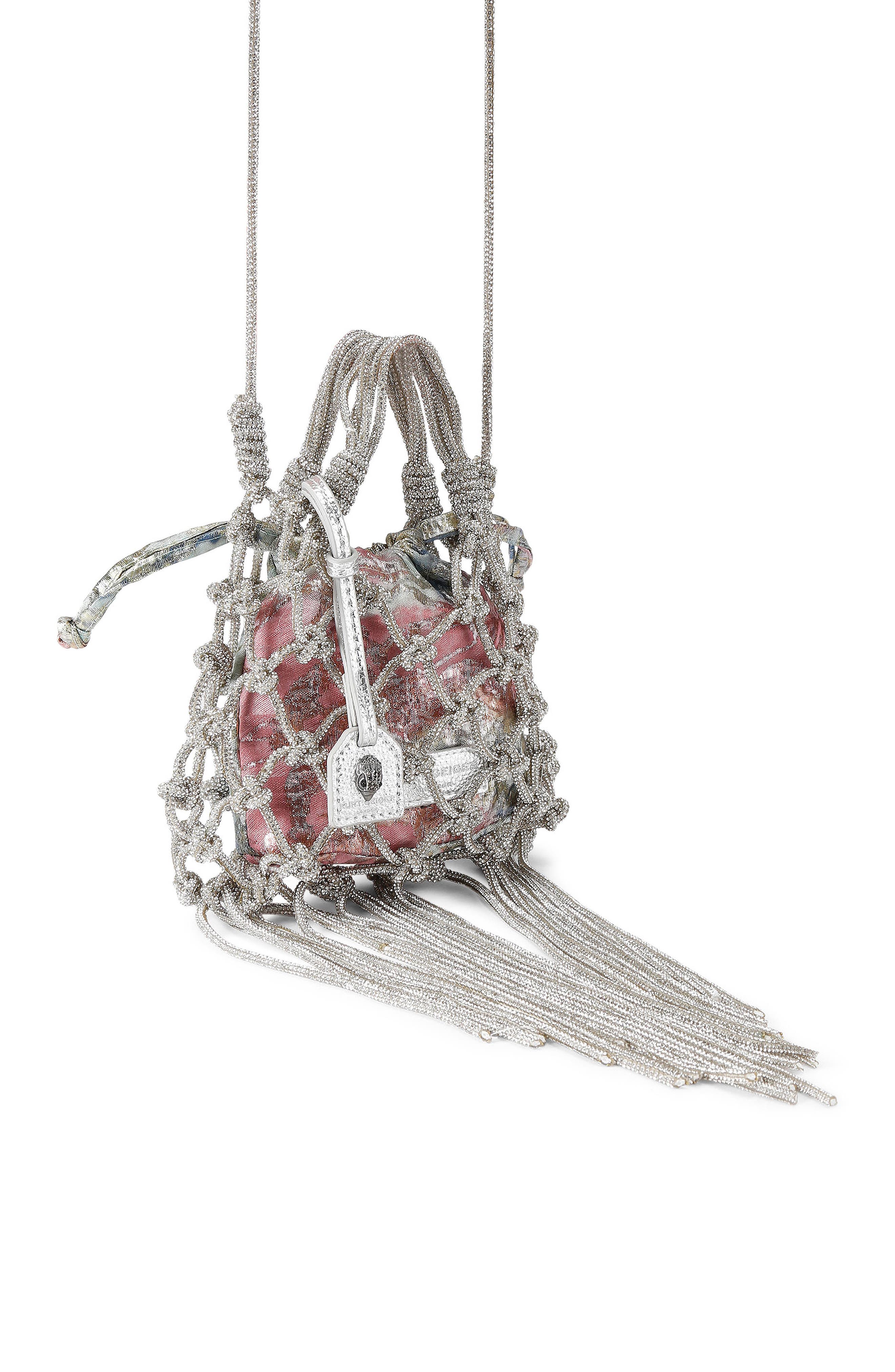 Kurt Geiger London Mini Macramé Crystal Drawstring Bag, Alternate, color, Open Grey