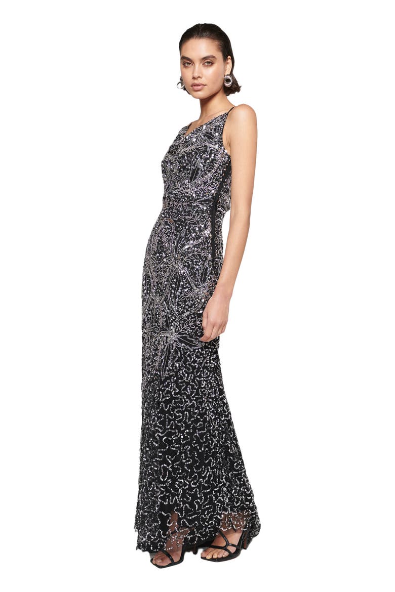 Occasion Embellished Sequin Beaded Cowl Neck Evening Dress, Alternate, color, BLACK