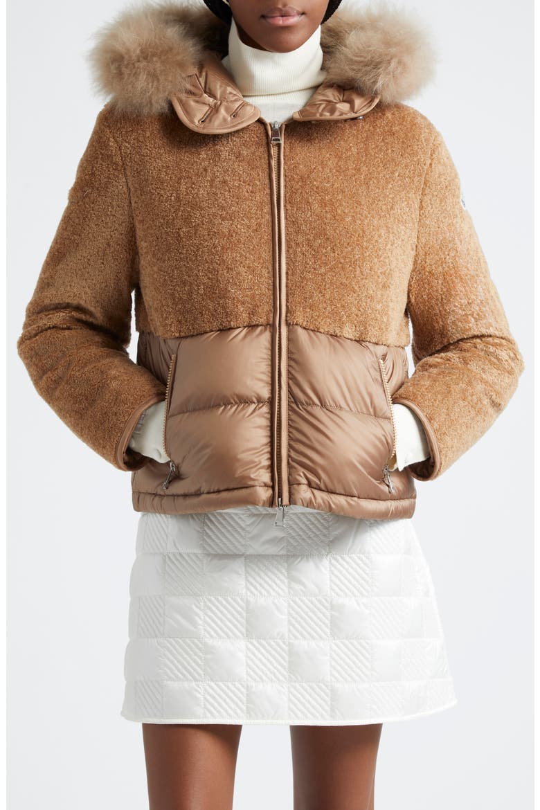 Moncler Marne Mixed Media Down Jacket with Removable Genuine Goat