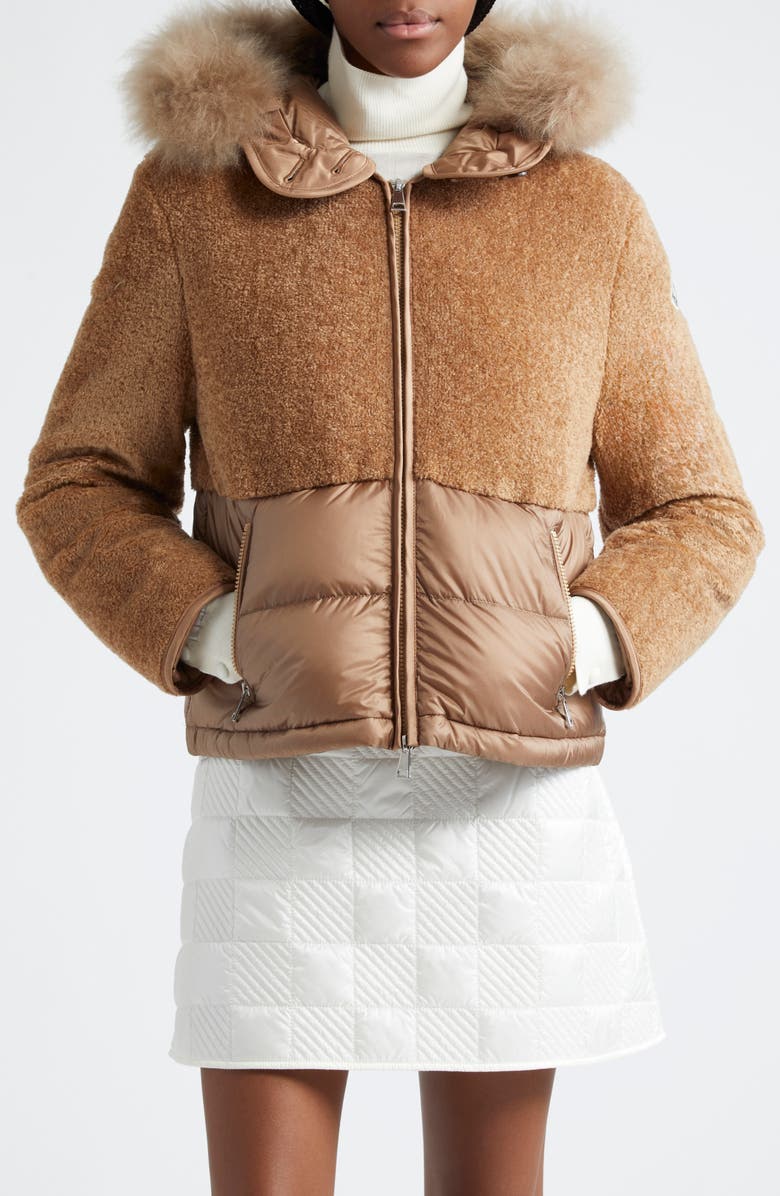 Moncler Marne Mixed Media Down Jacket with Removable Genuine Goat Hair Trim Hood, Main, color,