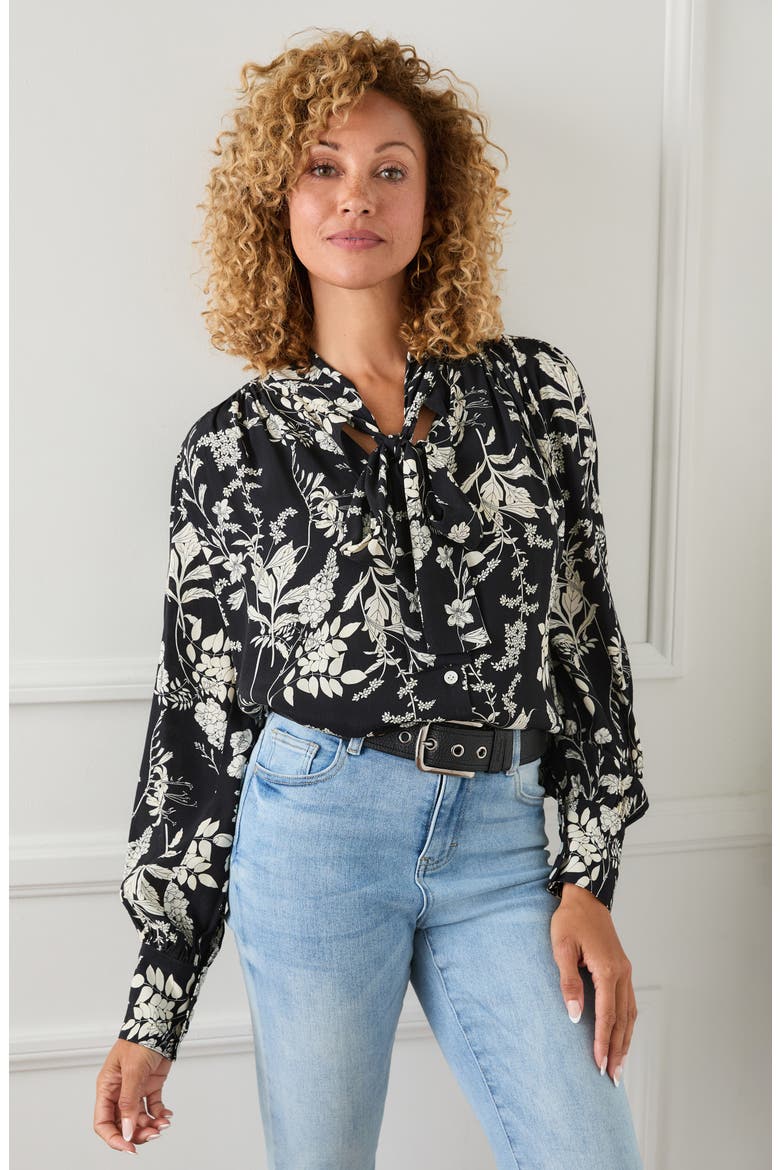 Tie Neck Floral Print Blouse, Alternate, color, BLACK W/ CREAM