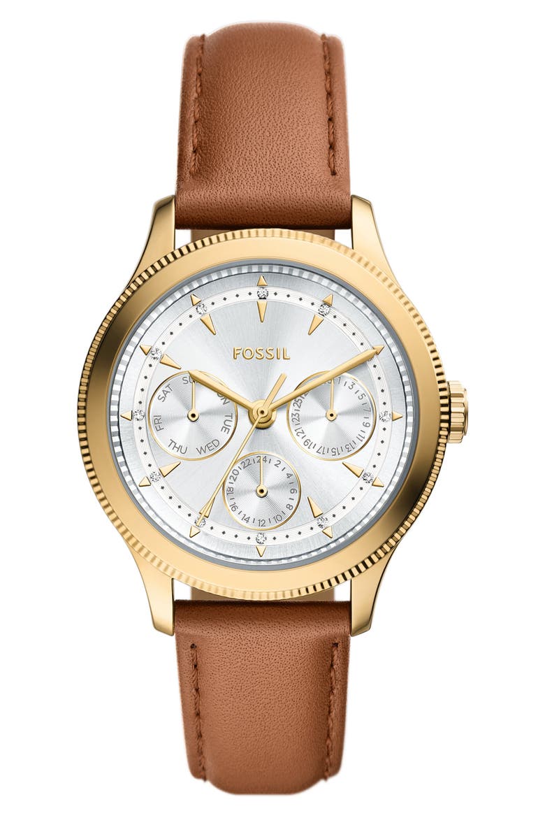 Brynn Multifunction Leather Strap Watch, 38mm, Main, color, GOLD