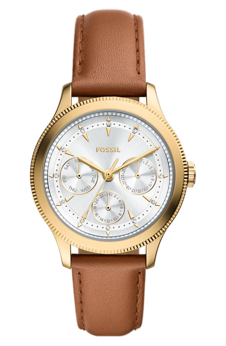 Fossil Brynn Multifunction Leather Strap Watch, 38mm, Main, color,
