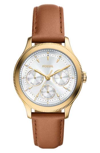 Fossil Brynn Multifunction Leather Strap Watch, 38mm In Gold