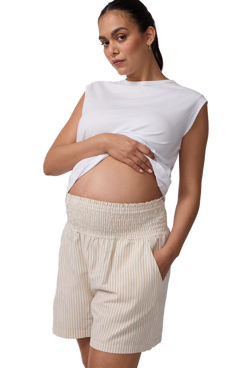 Ingrid & Isabel Smocked Linen Short, Alternate, color, Tan/White Stripe