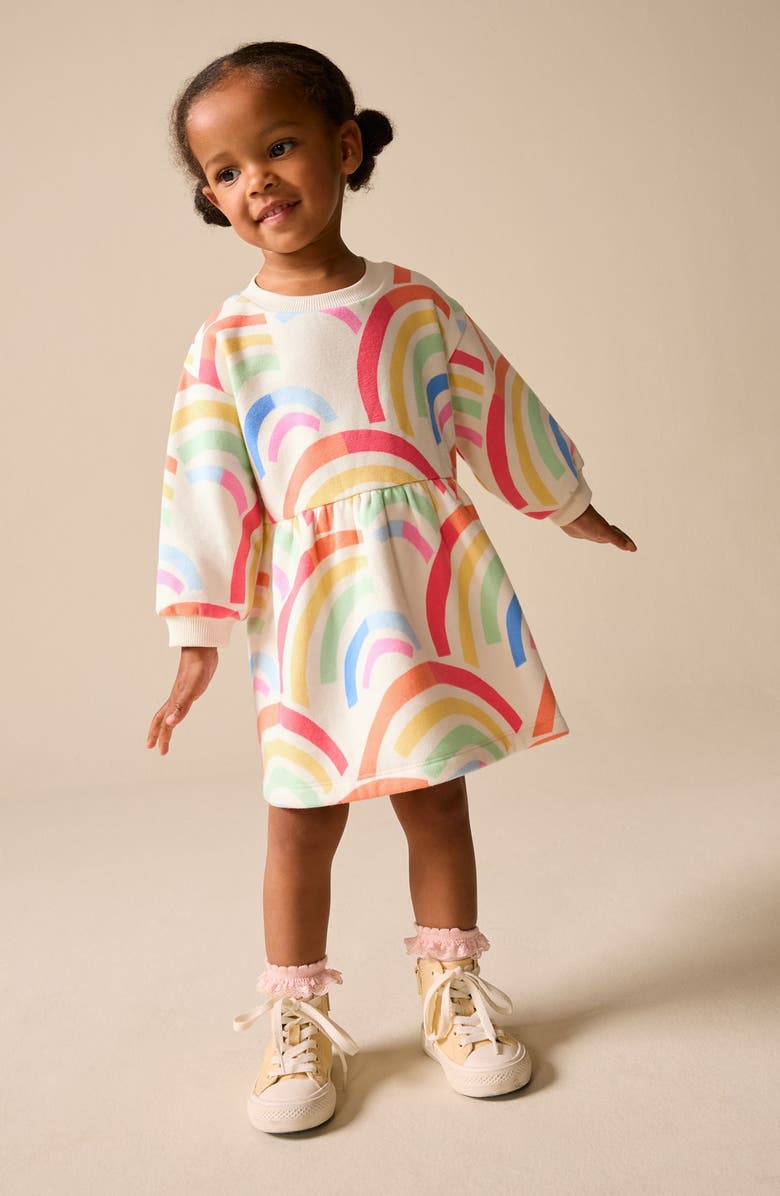 NEXT Kids' Squiggle Print Long Sleeve Cotton Blend Dress, Alternate, color, White Multi