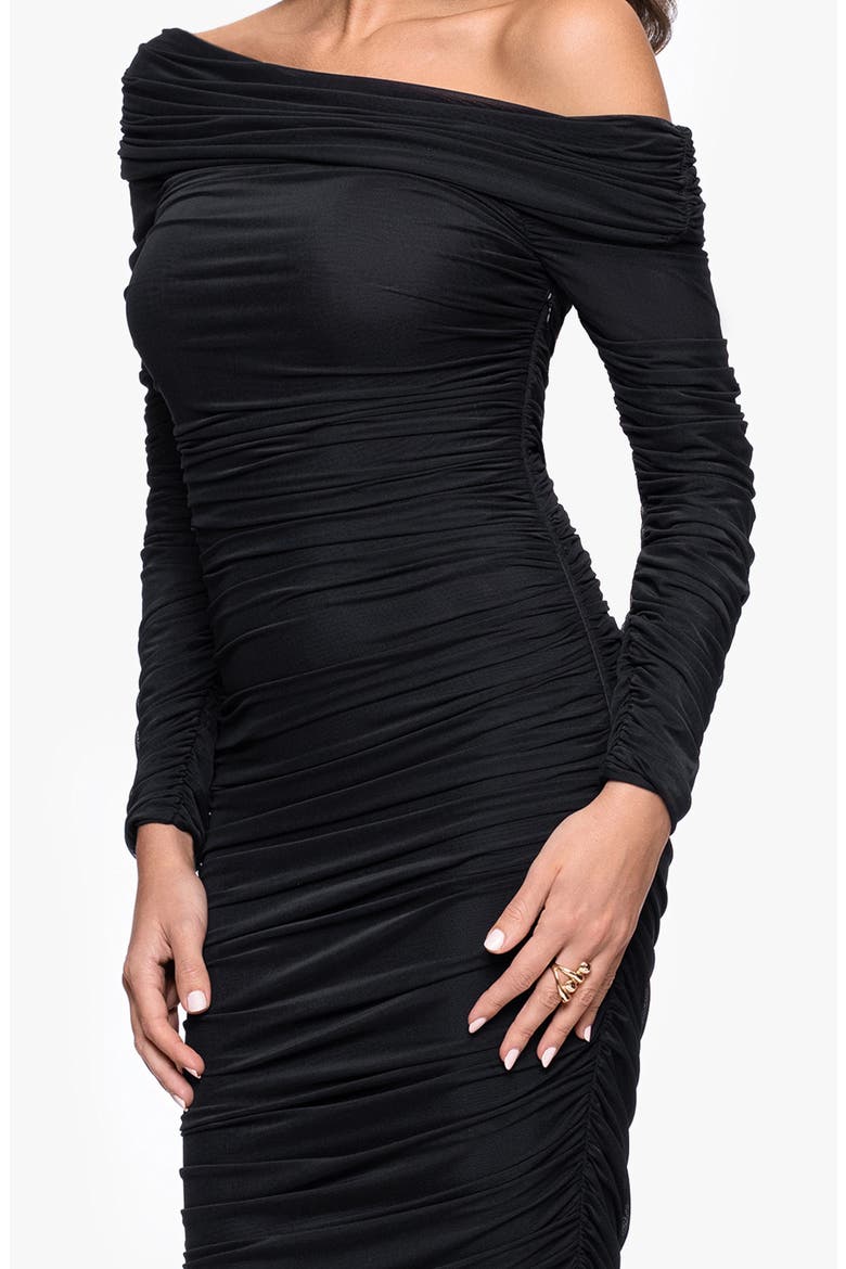 Ruched One-Shoulder Long Sleeve Mesh Gown, Alternate, color, BLACK