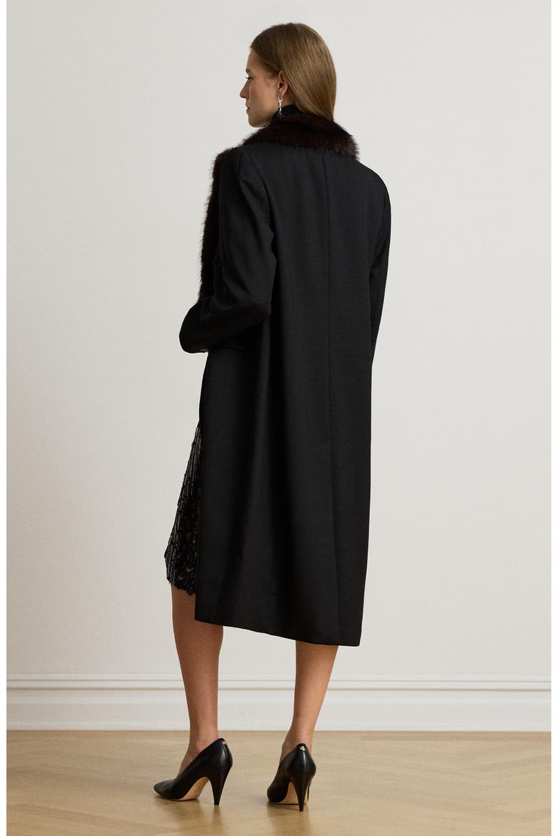 Faux Fur Trim Double Breasted Crepe Coat, Alternate, color, BLACK