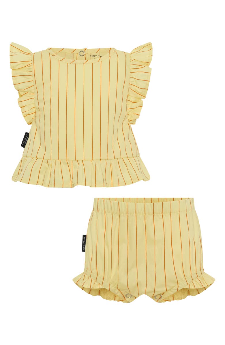 TINY TRIBE Lolly Stripe Ruffle Cotton Top & Bloomers Set, Main, color, Yellow