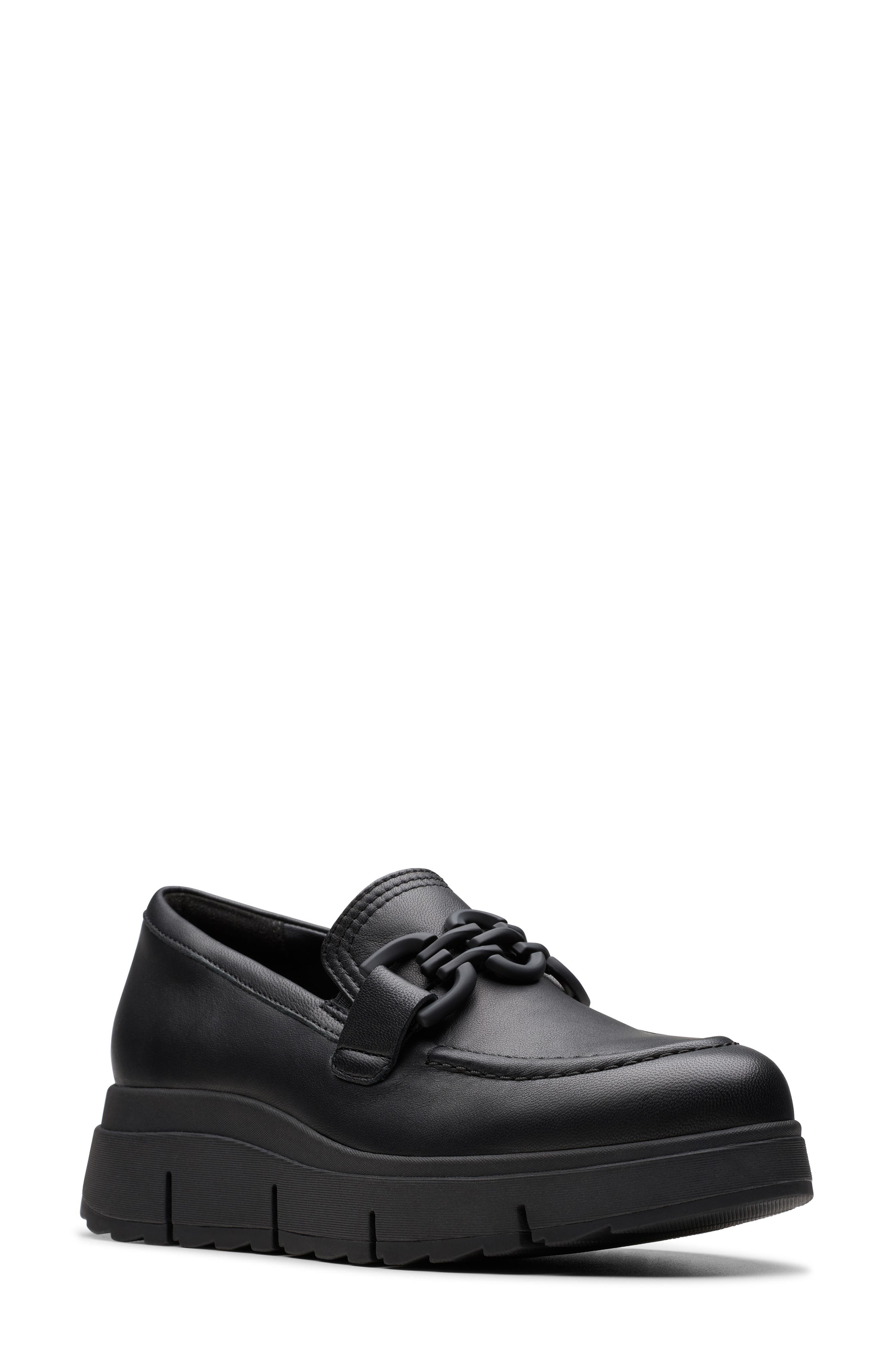 Clarks<sup>®</sup> Loriini Izzy Platform Wedge Bit Loafer, Main, color, Black Leather