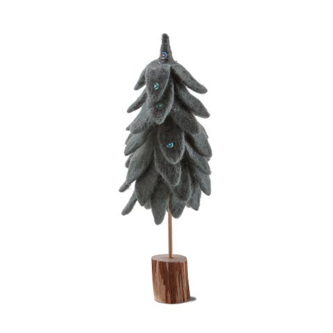 Wooly Felt Christmas Tree with Log Base - Dark Green Decor