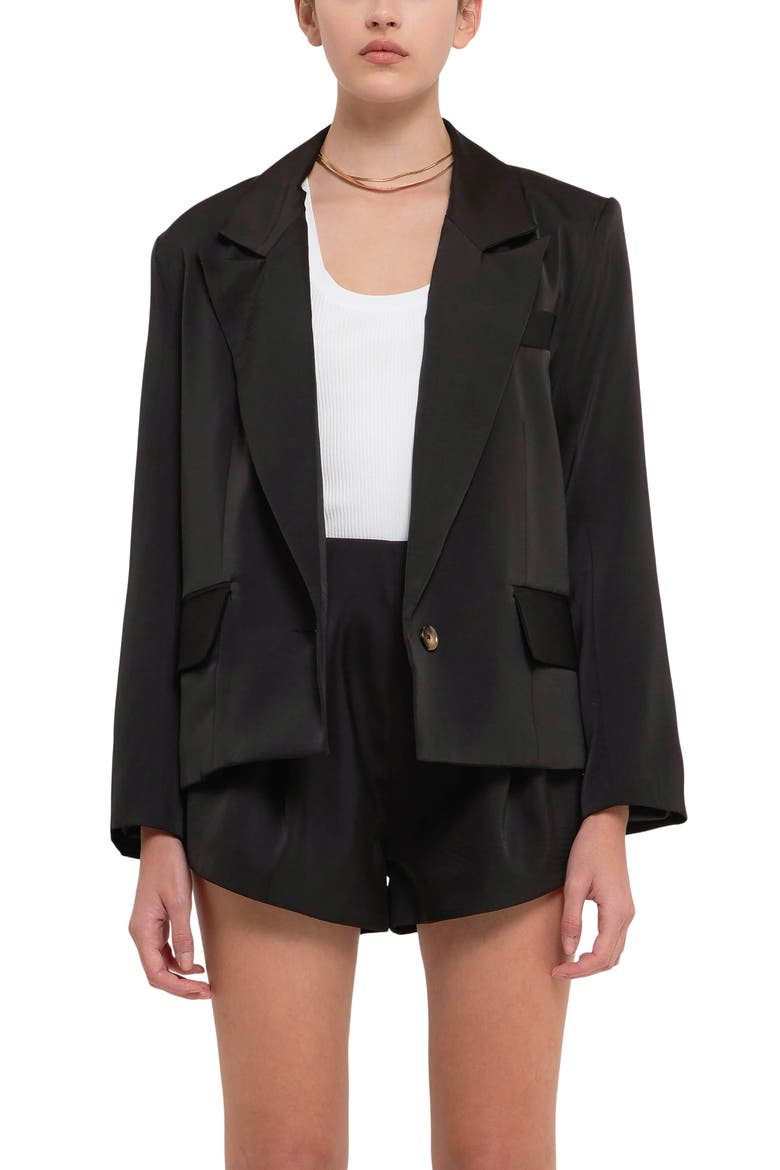 One-Button Satin Blazer, Alternate, color, BLACK