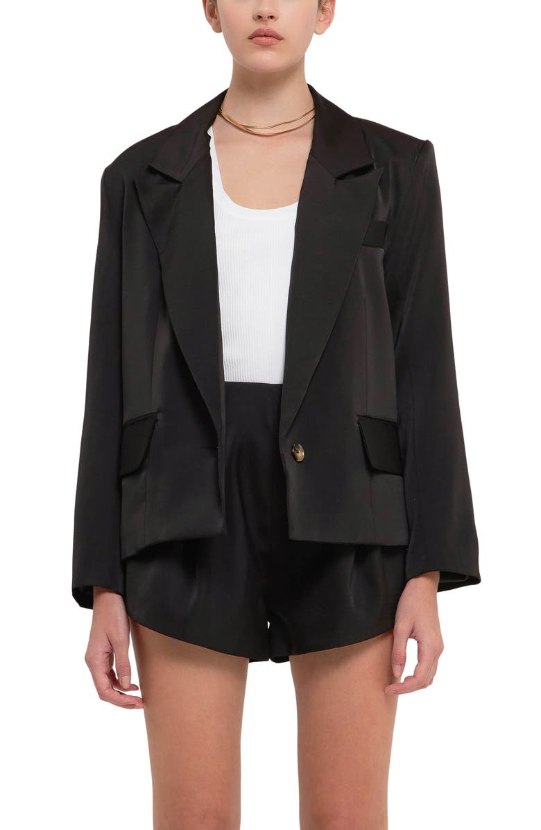 Grey Lab One-Button Satin Blazer, Alternate, color, Black