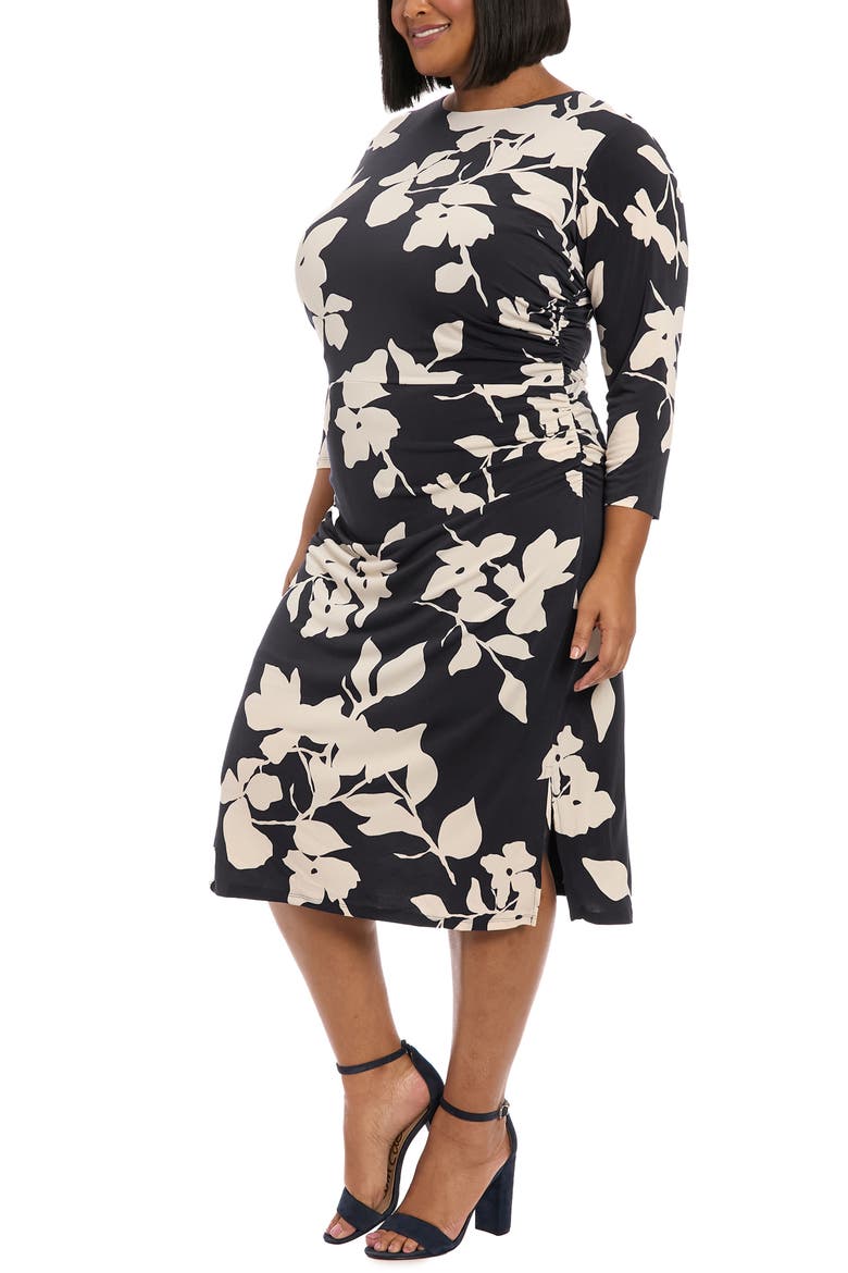 Floral Three-Quarter Sleeve Midi Sheath Dress, Alternate, color, BLACK/ CREAM