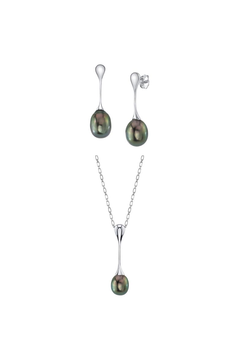 Tahitian Pearl Long Teardrop Pendant & Earrings Set, Main, color, Black Pearls