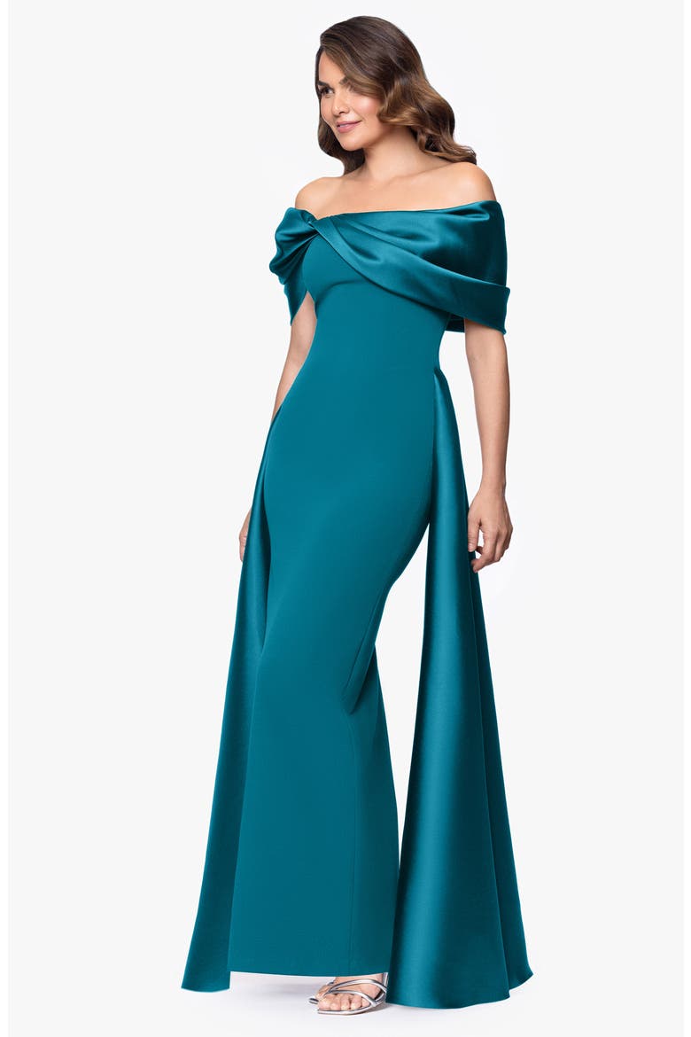 Off the Shoulder Cape Detail Gown, Alternate, color, TEAL