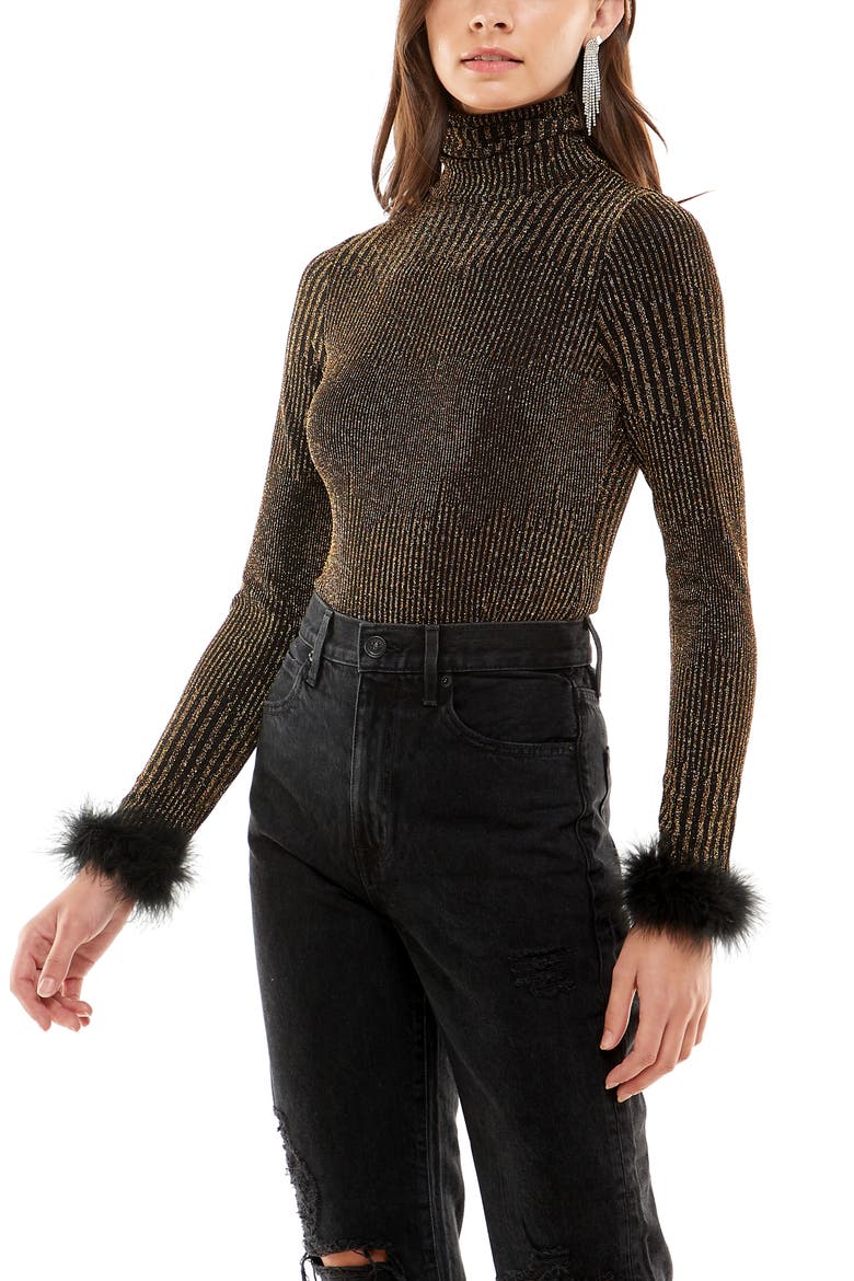 Besos Metallic Turtleneck Bodysuit, Alternate, color, BLACK/ GOLD