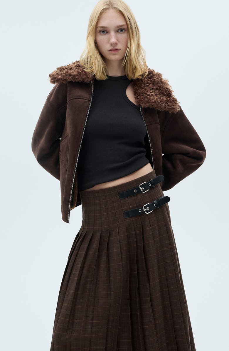 MANGO Check Pleated Midi Skirt, Alternate, color,