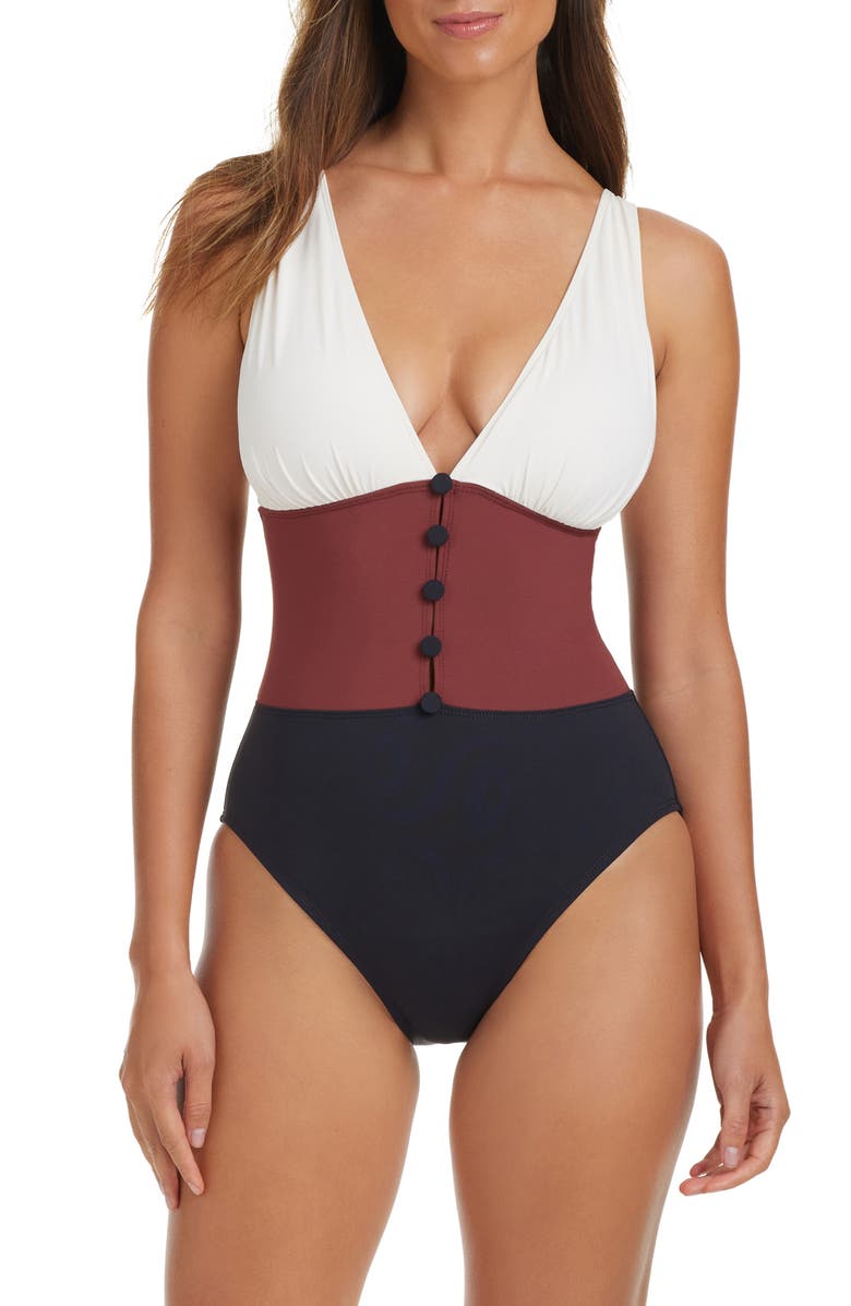 BLEU by Rod Beattie Colorblock Button One-Piece Swimsuit, Main, color,