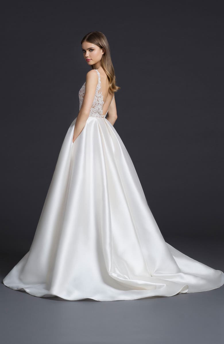 Lazaro Lace & Mikado Ballgown Wedding Dress, Alternate, color,