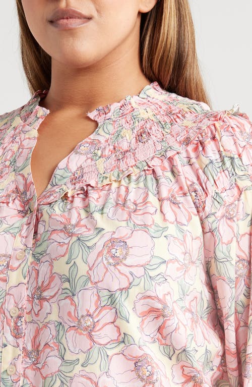 Wit & Wisdom Print Smocked Yoke Top In Buttercream/sachet Pink Multi
