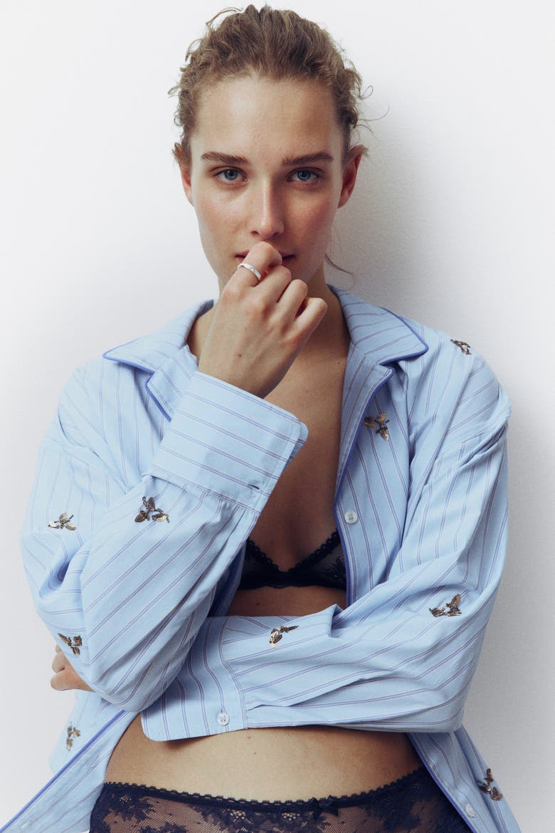 Embellished Cotton Pyjama Shirt, Main, color, Light blue/striped