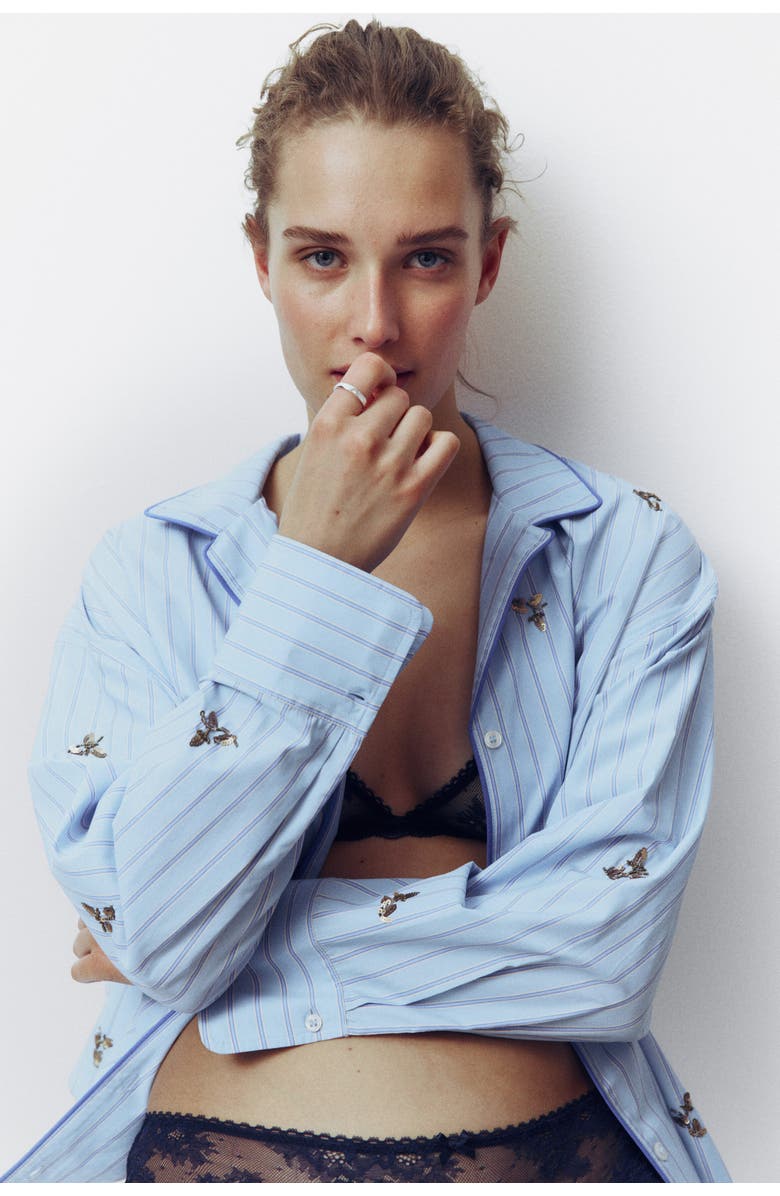 H&M Embellished Cotton Pyjama Shirt, Alternate, color, Light Blue/Striped