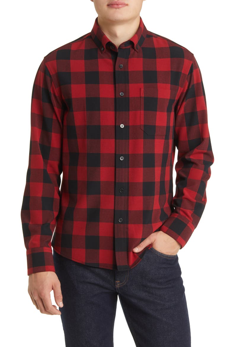 Men's City Trim Fit Buffalo Check Stretch Flannel Button-Down Shirt, Main, color, RED AND BLACK BUFFALO