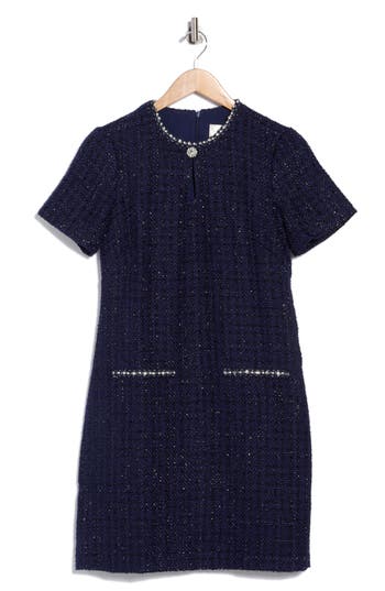 Eliza J Jewel Neck Short Sleeve Tweed Shift Dress In Blue