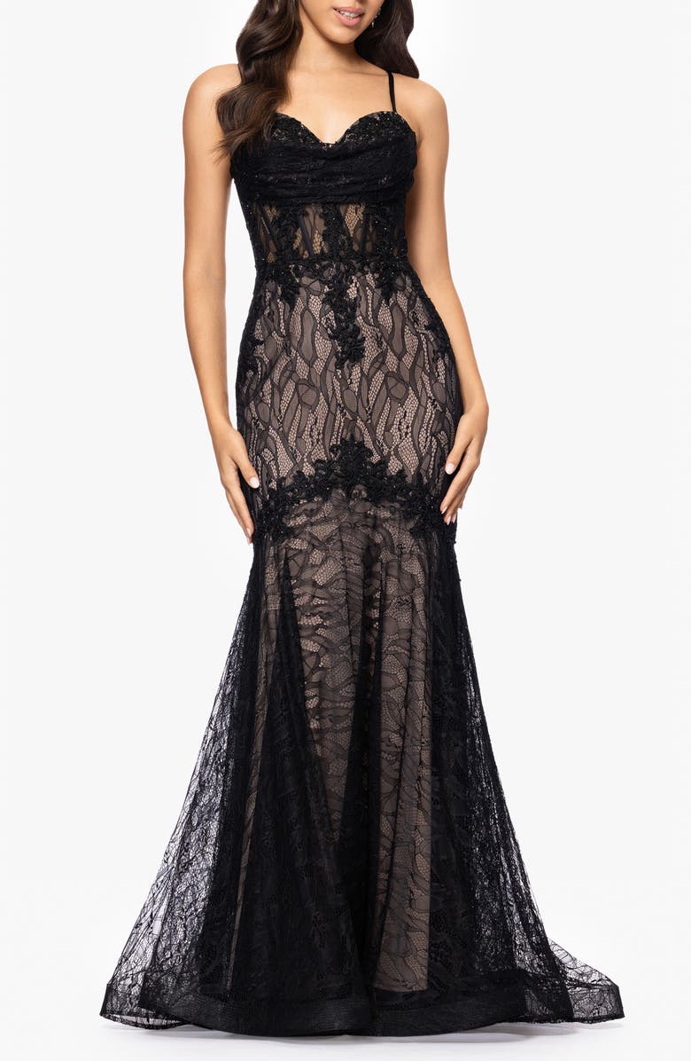 Blondie Nites Sequin Embroidered Trumpet Gown, Main, color, Black/ Nude