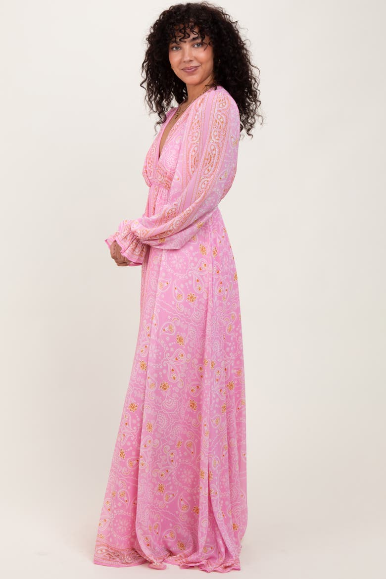 Paisley Deep V-Neck Long Sleeve Maxi Dress, Alternate, color, Pink