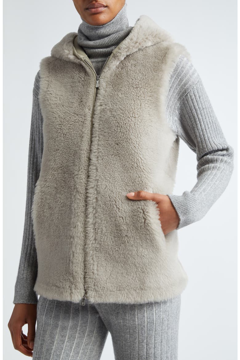Genuine Shearling Hooded Vest, Alternate, color, GREY